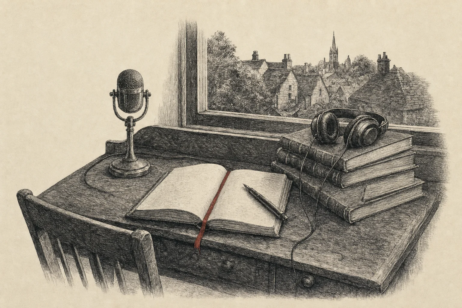 Un bureau près d'une fenêtre, un microphone ancien à côté d'un carnet ouvert et de livres d'histoire locale