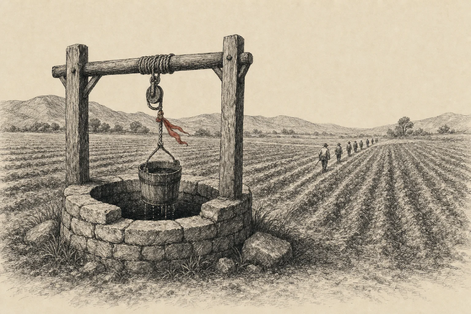 Un puits de pierre au milieu d'un champ labouré, un seau remonte l'eau des profondeurs