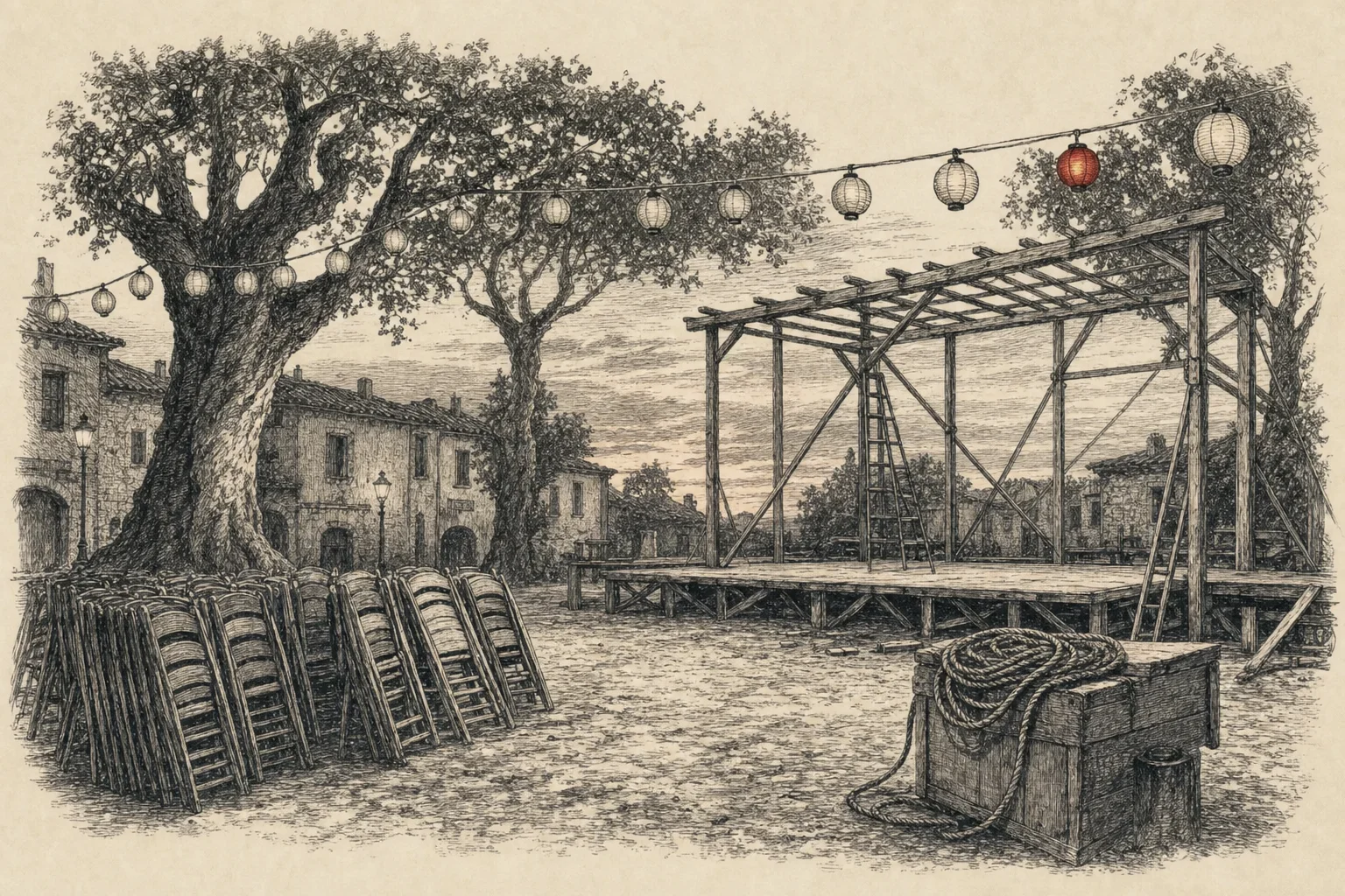 Une place de village préparée pour un festival, une estrade en bois, des chaises alignées et des lanternes