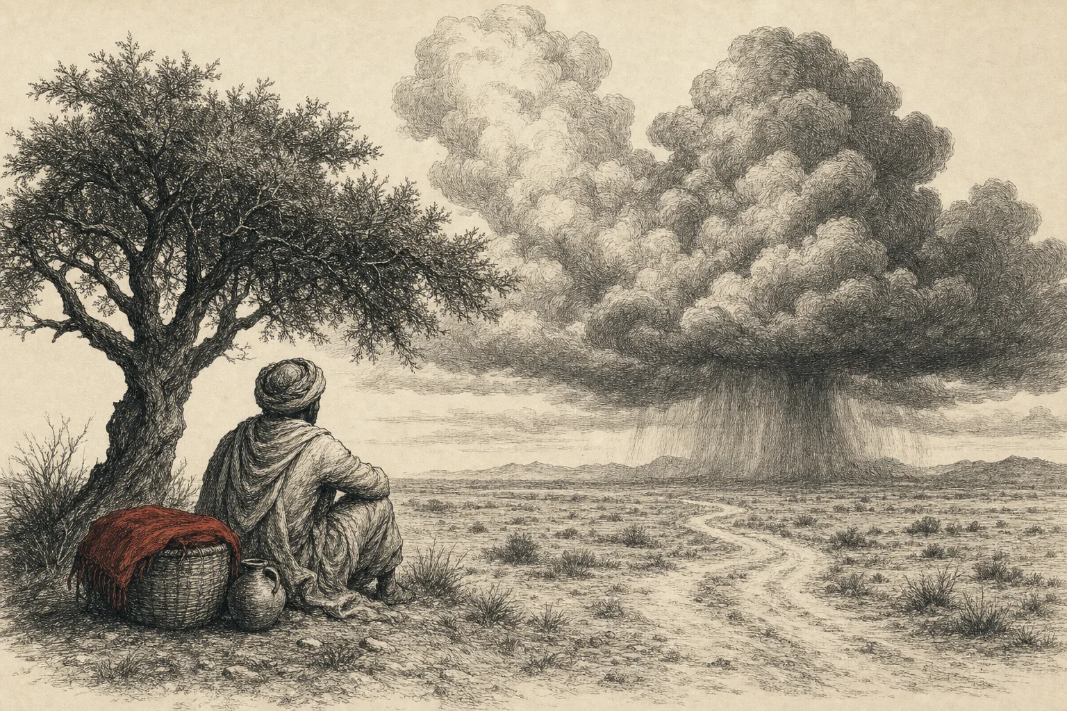 De lourds nuages s'amoncellent au-dessus d'une plaine, une silhouette assise de dos près d'un panier et d'une cruche