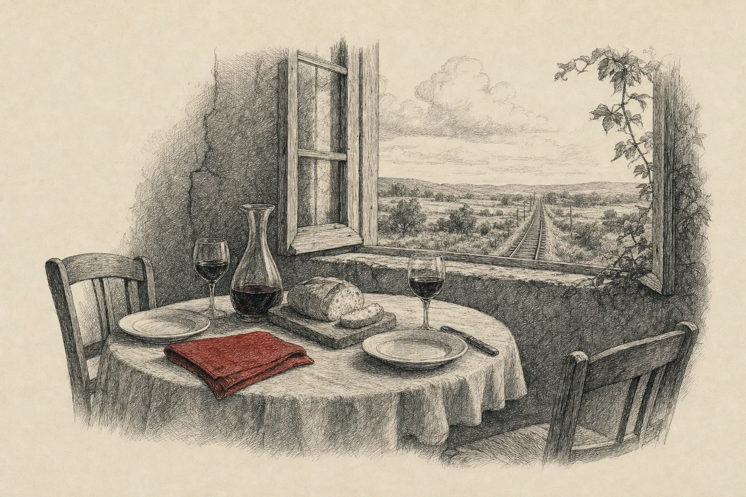 Une table dressée pour deux près d'une fenêtre ouverte, une voie ferrée au loin dans la campagne