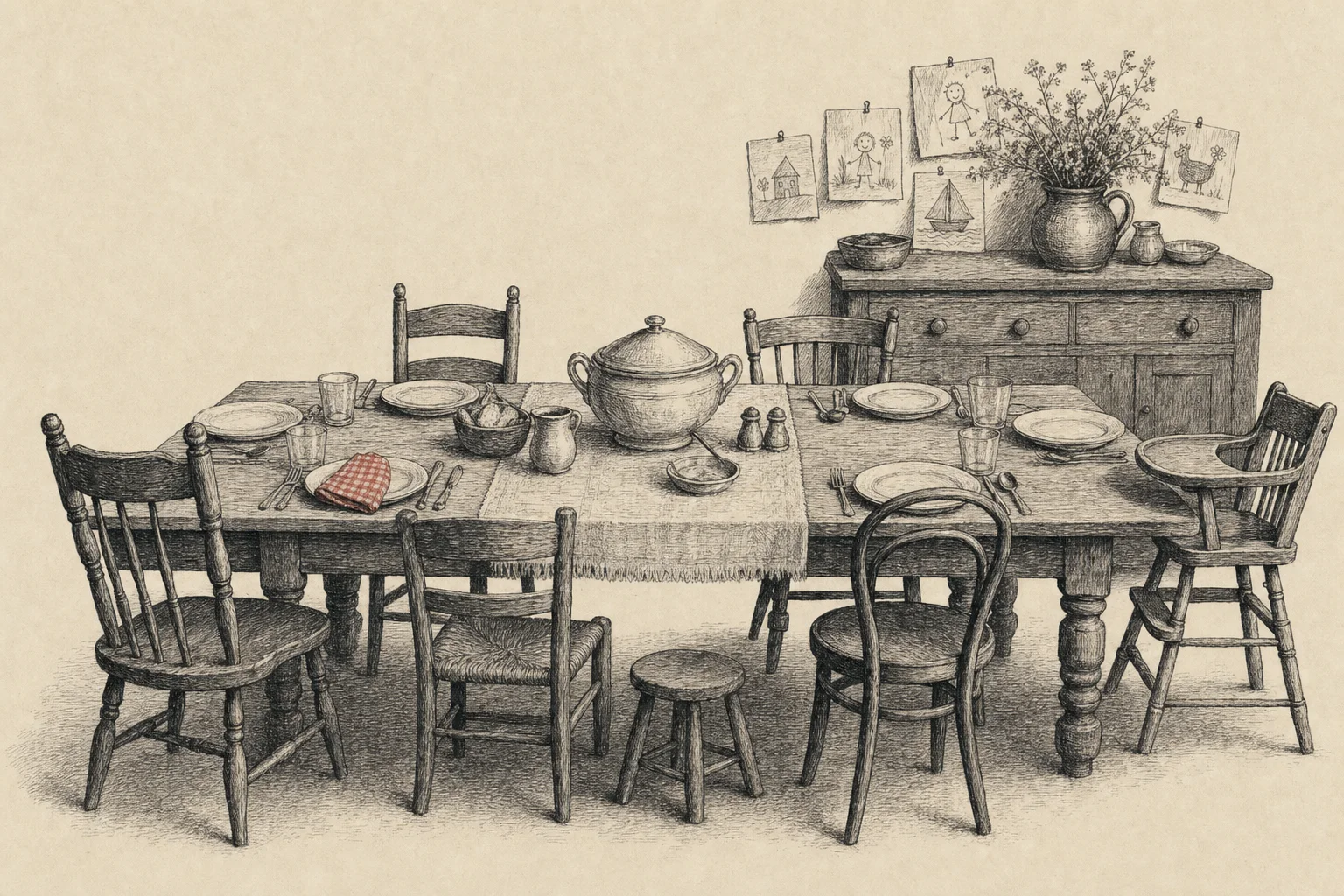 Une longue table de cuisine dressée pour deux familles, des dessins d'enfants au mur, une soupière au centre