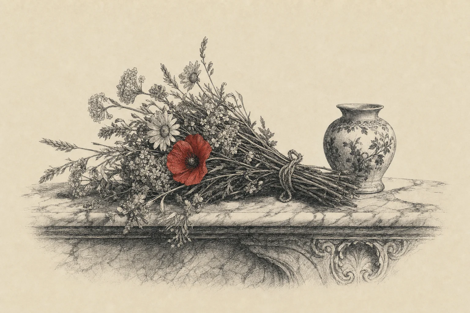 Un bouquet de fleurs des champs posé sur une cheminée de marbre, à côté d'un petit vase