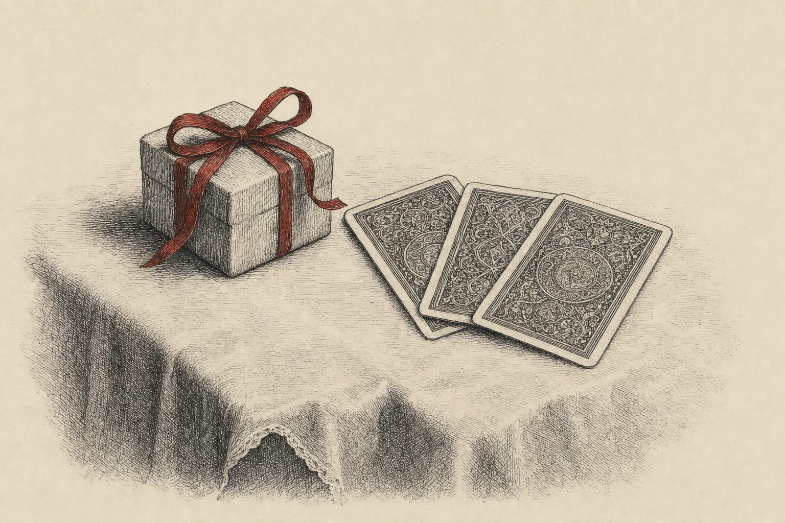 Un petit paquet cadeau et trois cartes retournées sur une table nappée de blanc