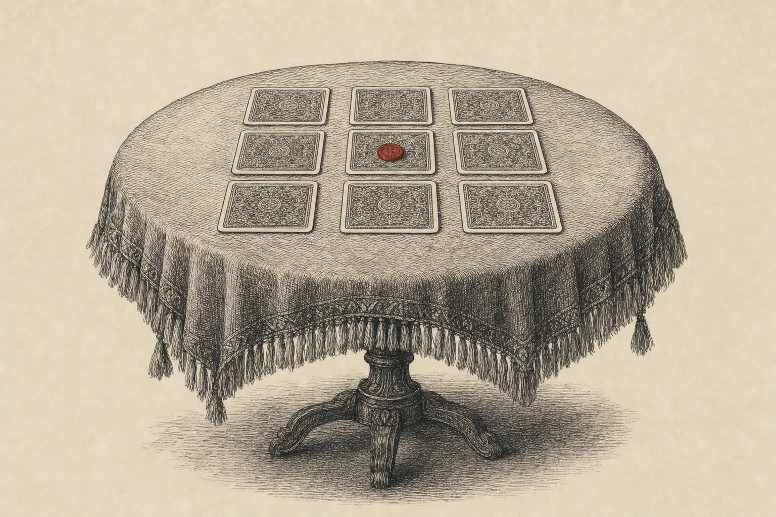 Neuf cartes posées face cachée en carré sur une table ronde couverte d'une nappe à franges