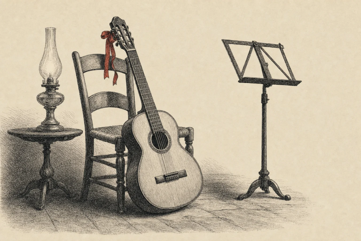 Une guitare appuyée contre une chaise, près d'un pupitre vide, à la lumière d'une lampe à huile