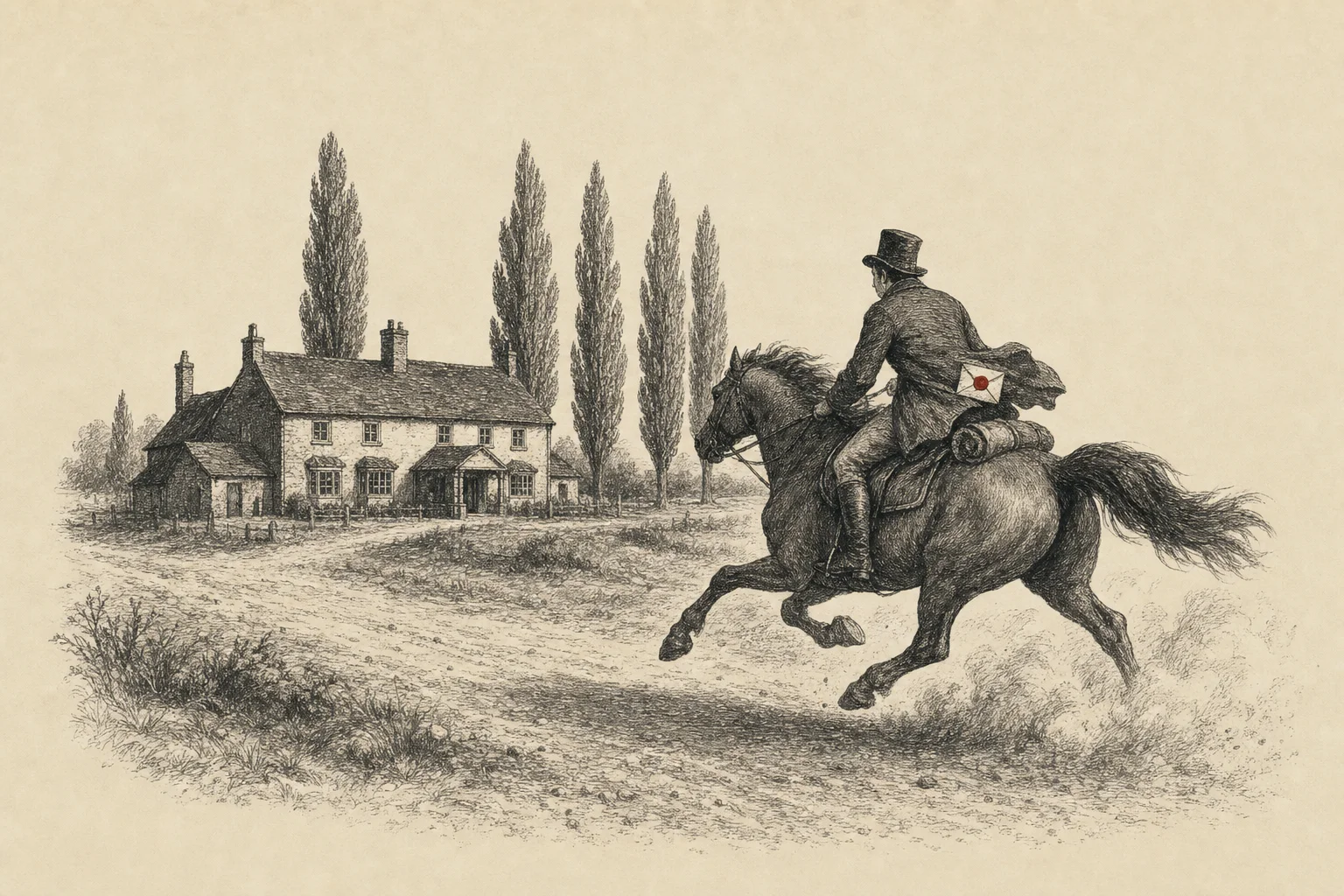 Un cavalier au galop sur une route de campagne, devant un relais de poste du XIXe siècle.