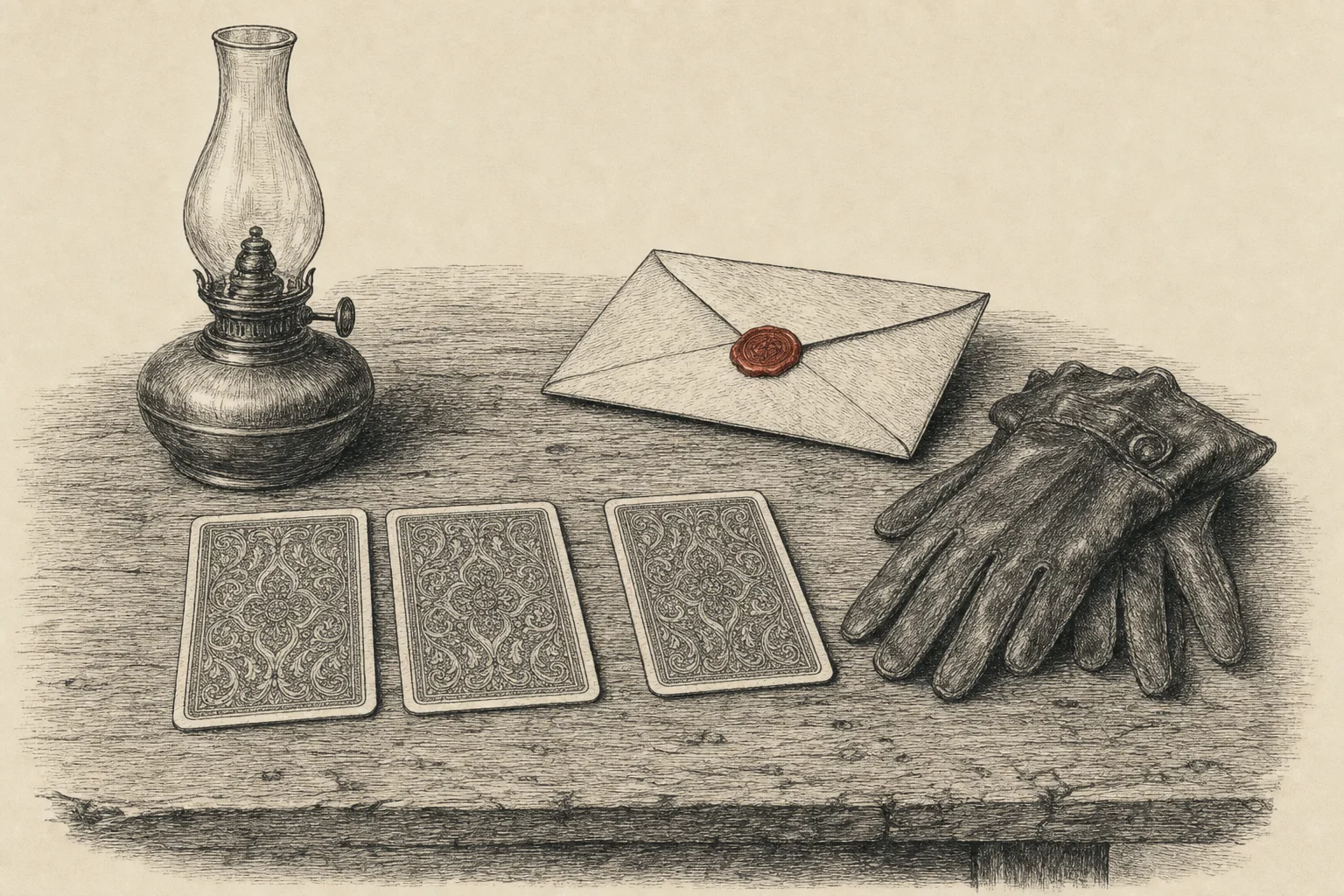 Trois cartes posées face cachée sur une table ancienne, près d'une lampe à huile, d'une lettre cachetée et de gants de cavalier.