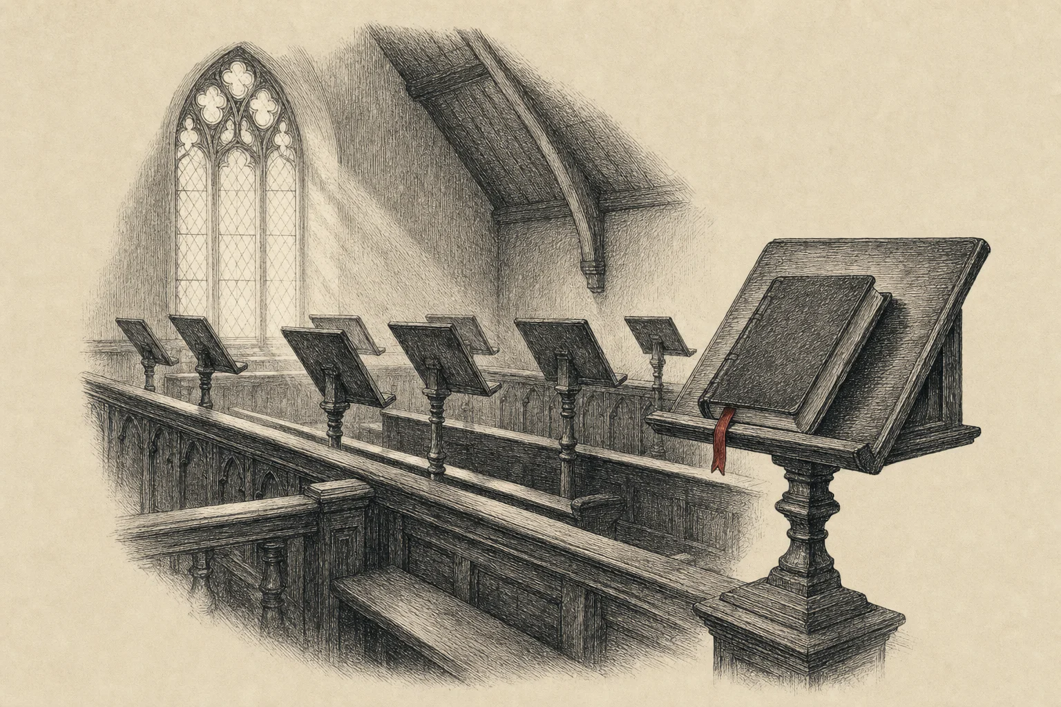 Une tribune de chorale vide, des pupitres de bois et une partition fermée sur un lutrin