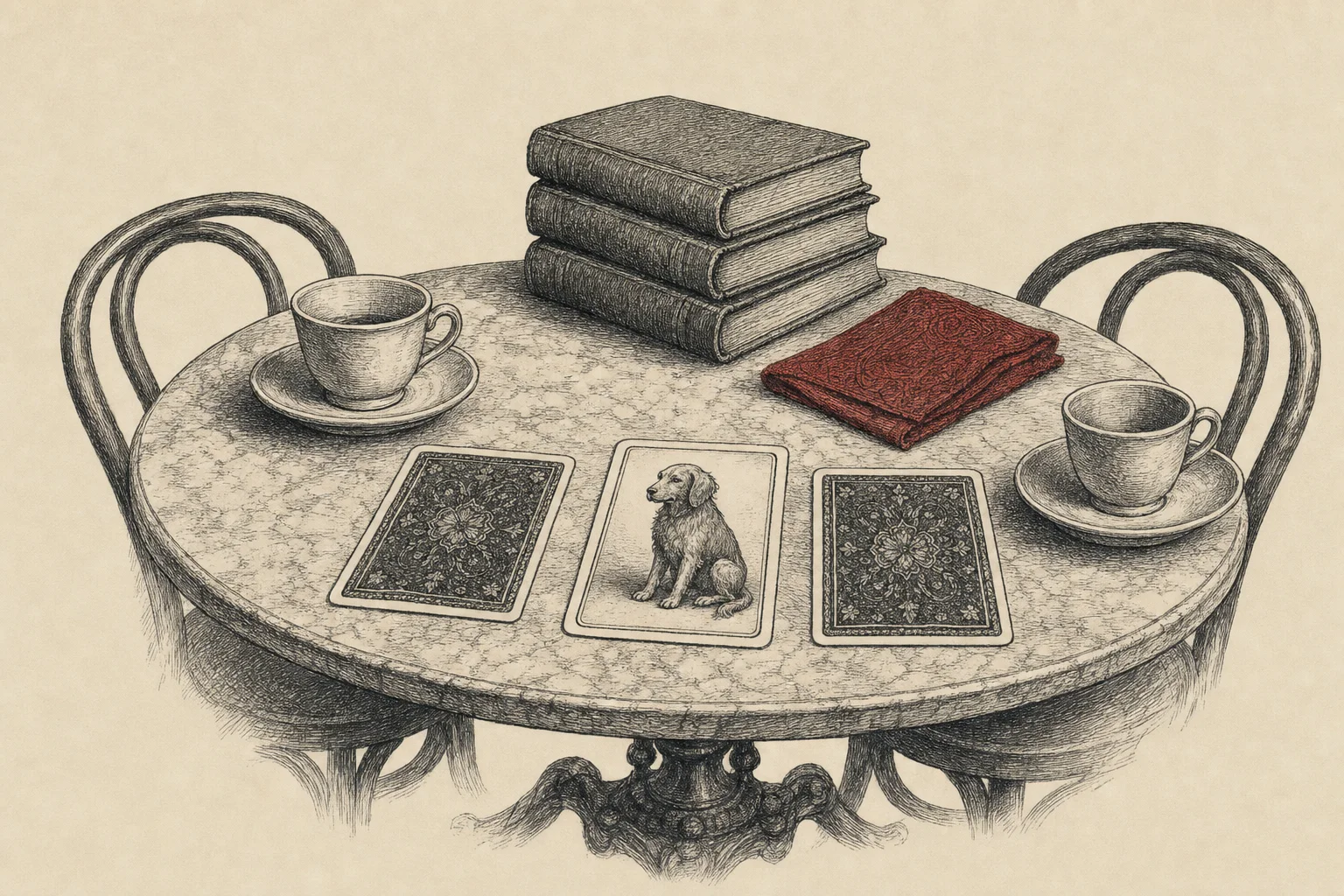 Trois cartes sur une table de café entre deux tasses, celle du milieu montrant un chien