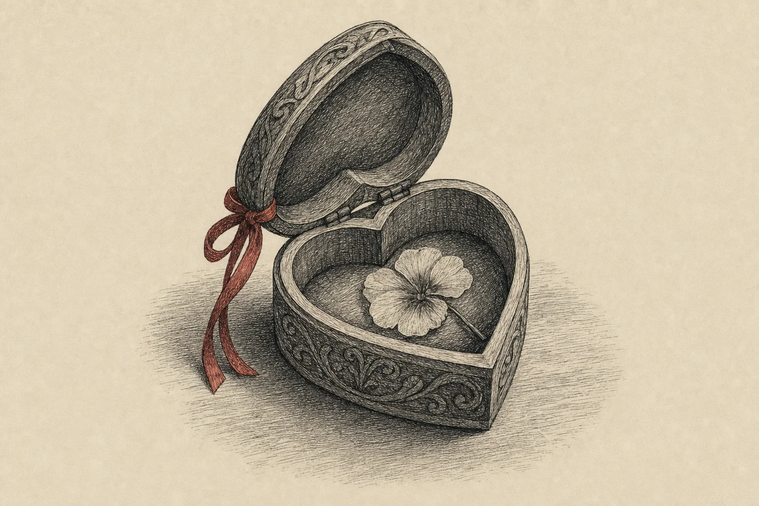 Une boîte en forme de cœur ouverte sur une table, une fleur séchée à l'intérieur
