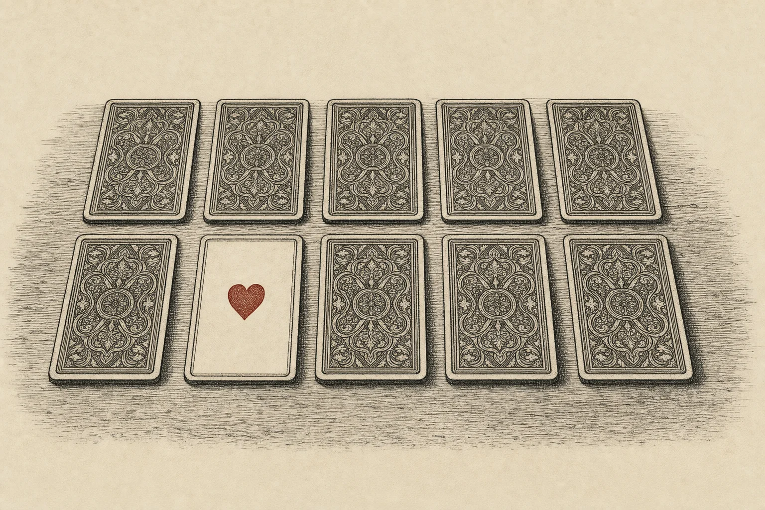 Des cartes posées en rangées sur une table, une seule retournée sur un cœur