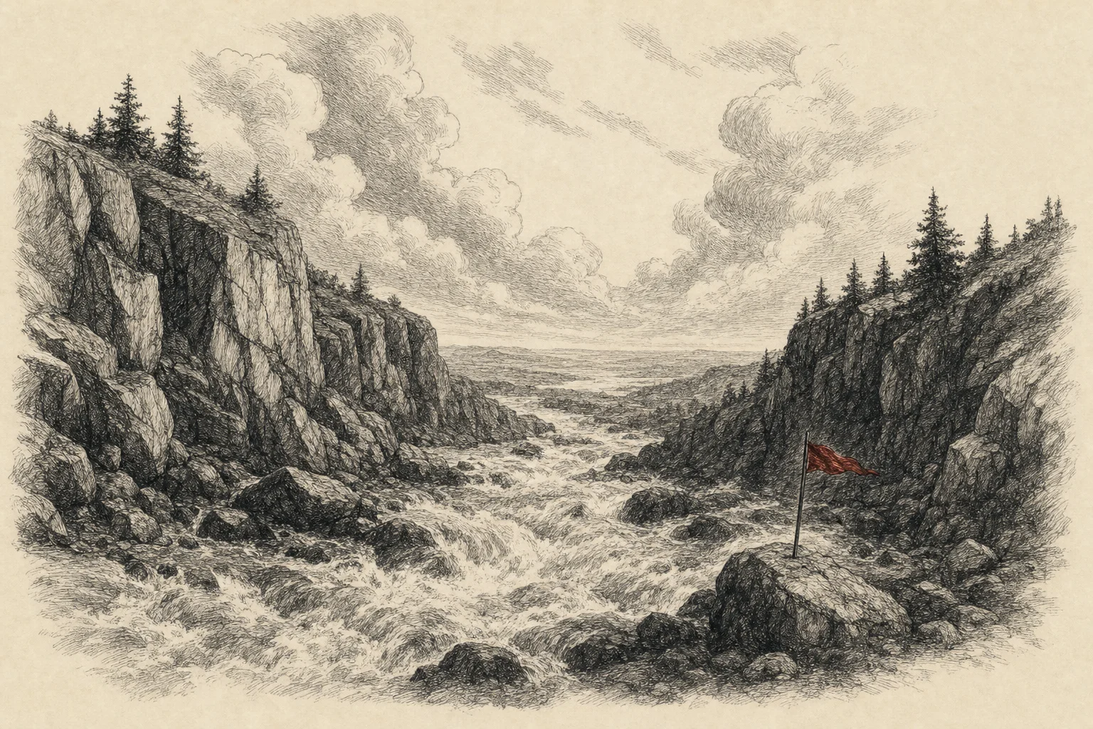 Un torrent descend une gorge rocheuse sous un vaste ciel dont les nuages s'élèvent