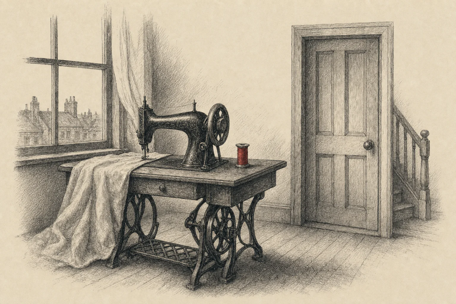 Une machine à coudre ancienne près d'une haute fenêtre, une porte fermée à l'arrière-plan
