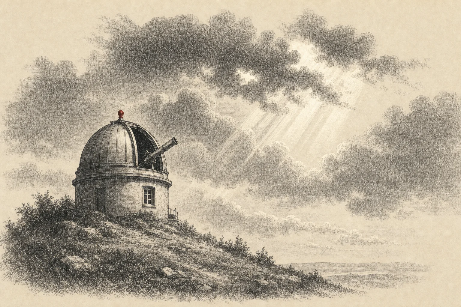 Un ciel immense aux nuages superposés au-dessus de la coupole d'un observatoire du XIXe siècle, image du ciel redoublé.