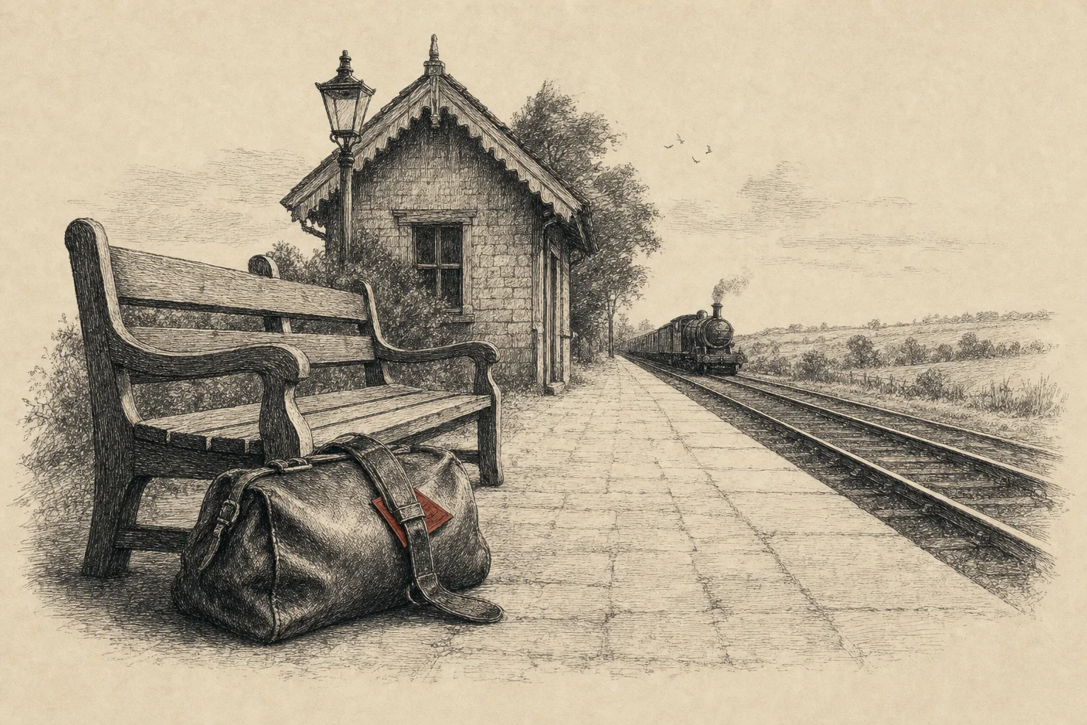 Un quai de gare de campagne, un sac de voyage posé près d'un banc, un train au loin