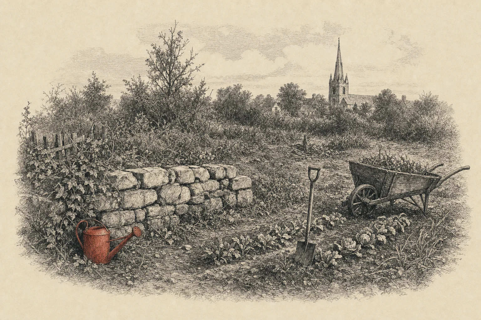 Un terrain de village à moitié défriché, quelques rangs de légumes, une brouette et une bêche plantée dans la terre