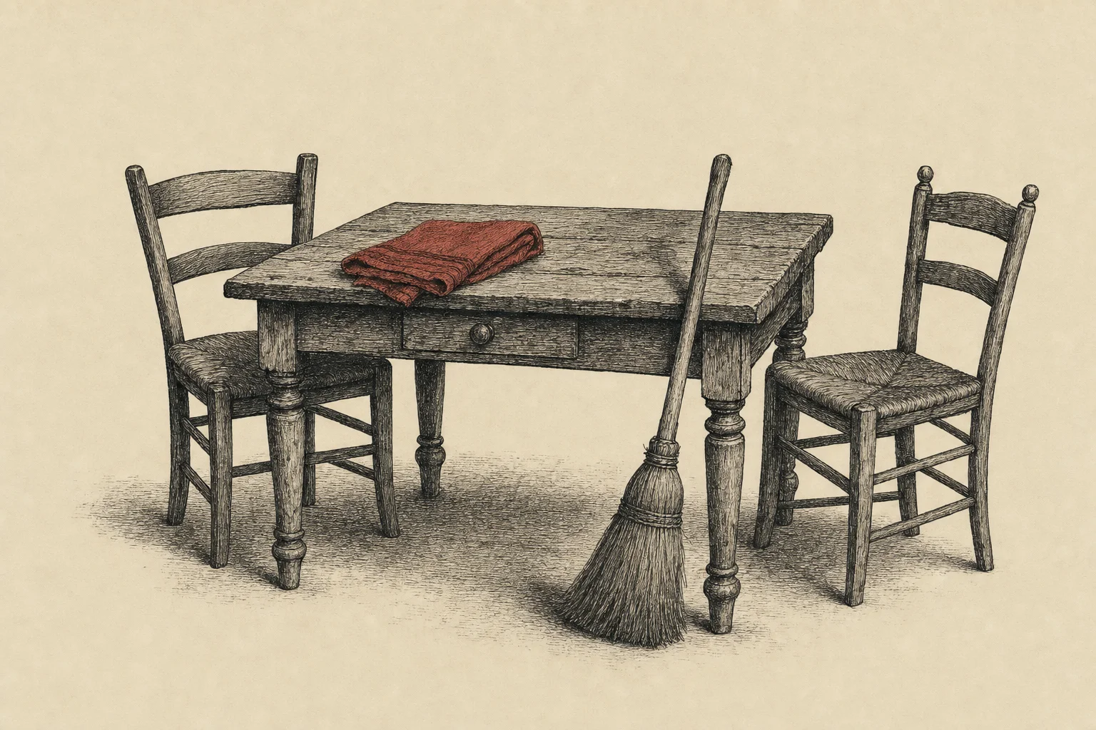 Une table de cuisine, deux chaises écartées de part et d'autre et un balai appuyé entre elles