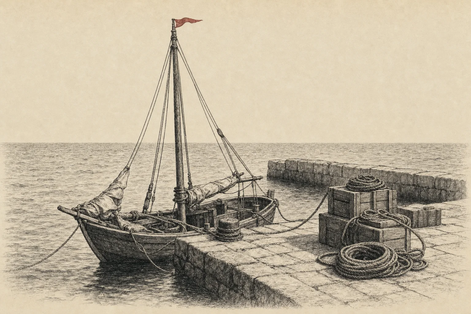 Un petit voilier amarré à un quai de pierre, quelques caisses laissées à terre, la mer au-delà de la jetée