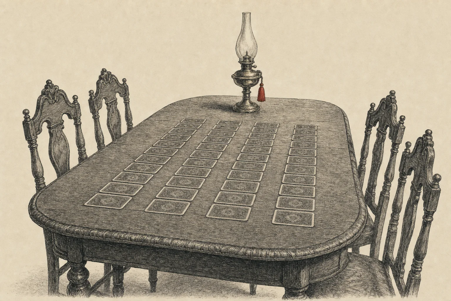 Quatre longues rangées de cartes posées face cachée sur une grande table, une lampe à huile au bout