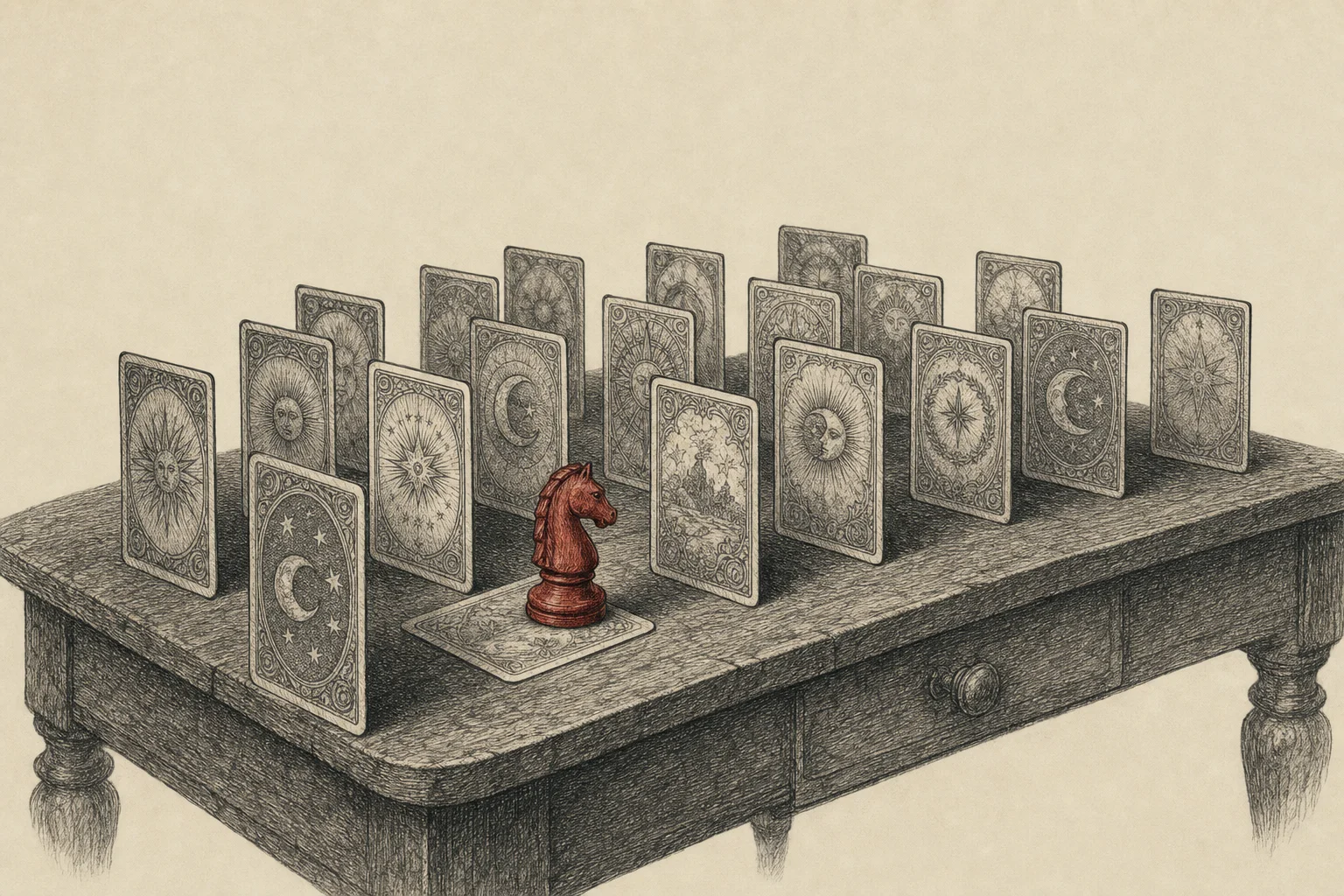 Un cavalier de jeu d'échecs posé parmi des rangées de cartes retournées