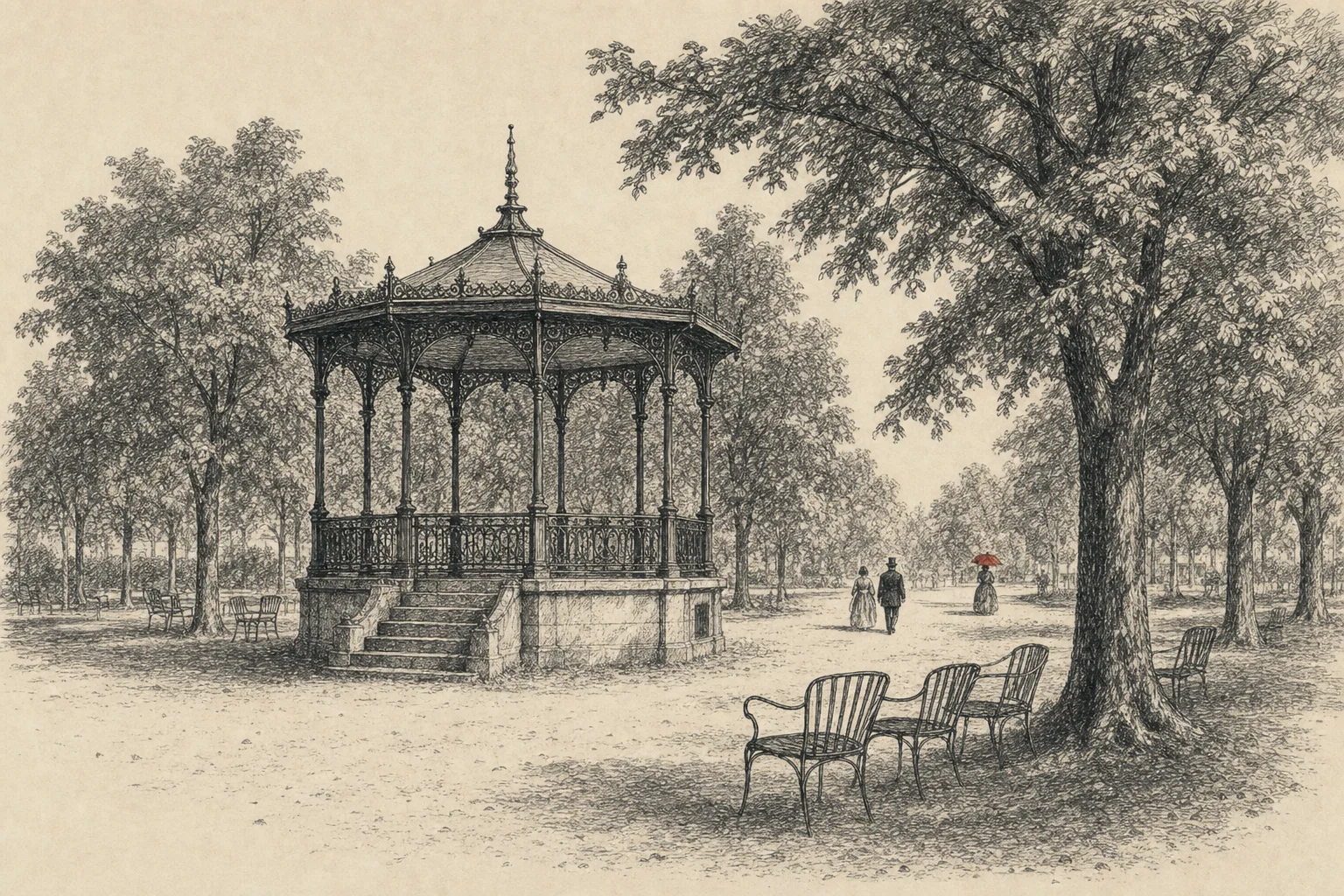 Un kiosque à musique au milieu d'un parc, quelques promeneurs au loin sous les marronniers