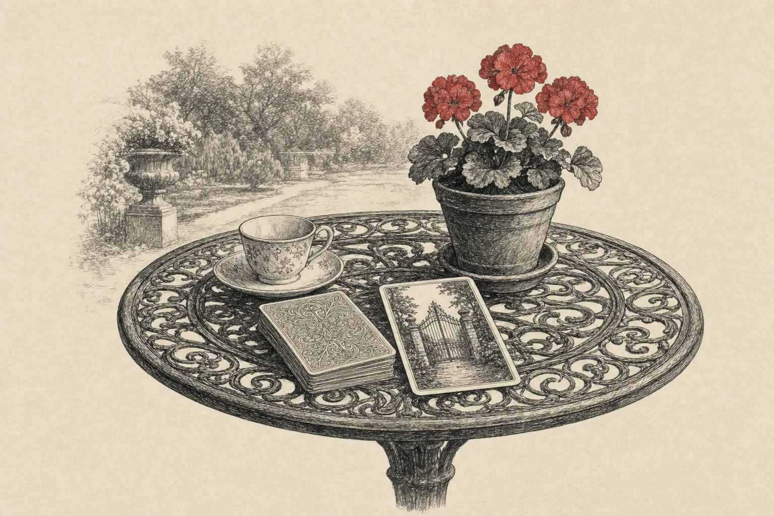 Une table de jardin en fer forgé, une tasse et un paquet de cartes dont une seule est retournée