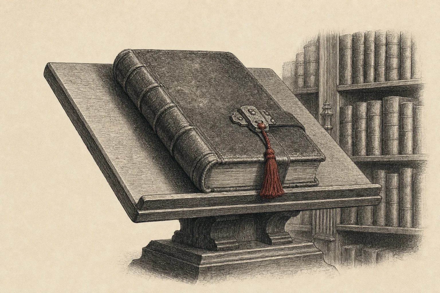 Un gros livre relié de cuir, fermé par un fermoir, sur un lutrin de bibliothèque