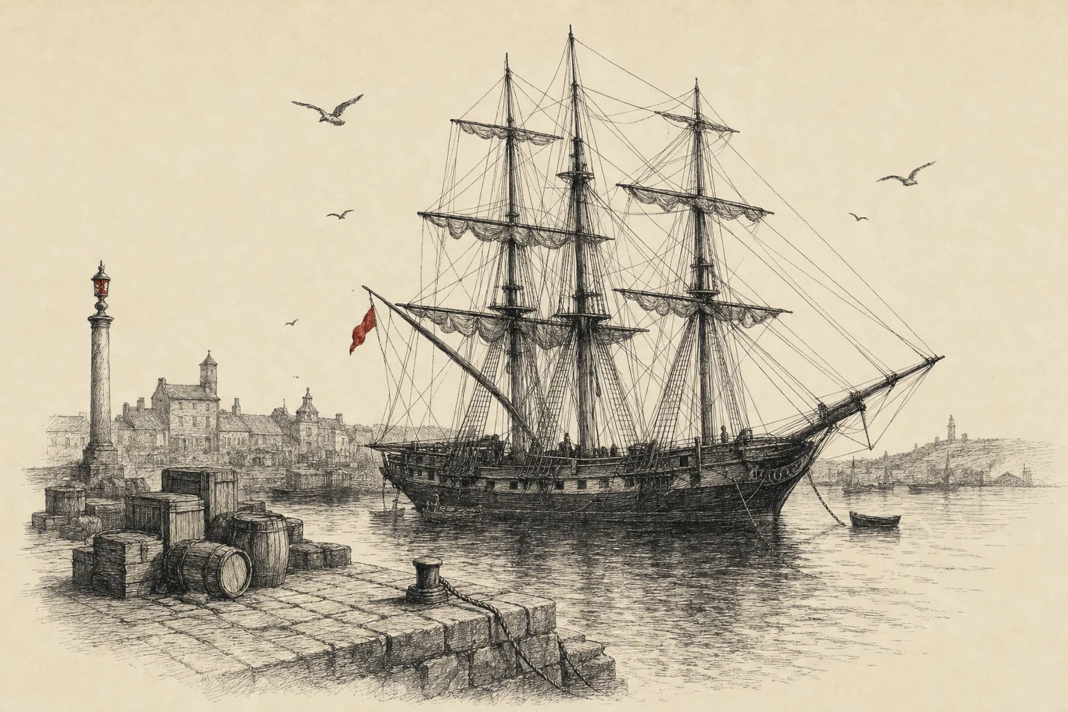 Un trois-mâts au mouillage dans un port du XIXe siècle, avec des caisses et des tonneaux sur le quai.