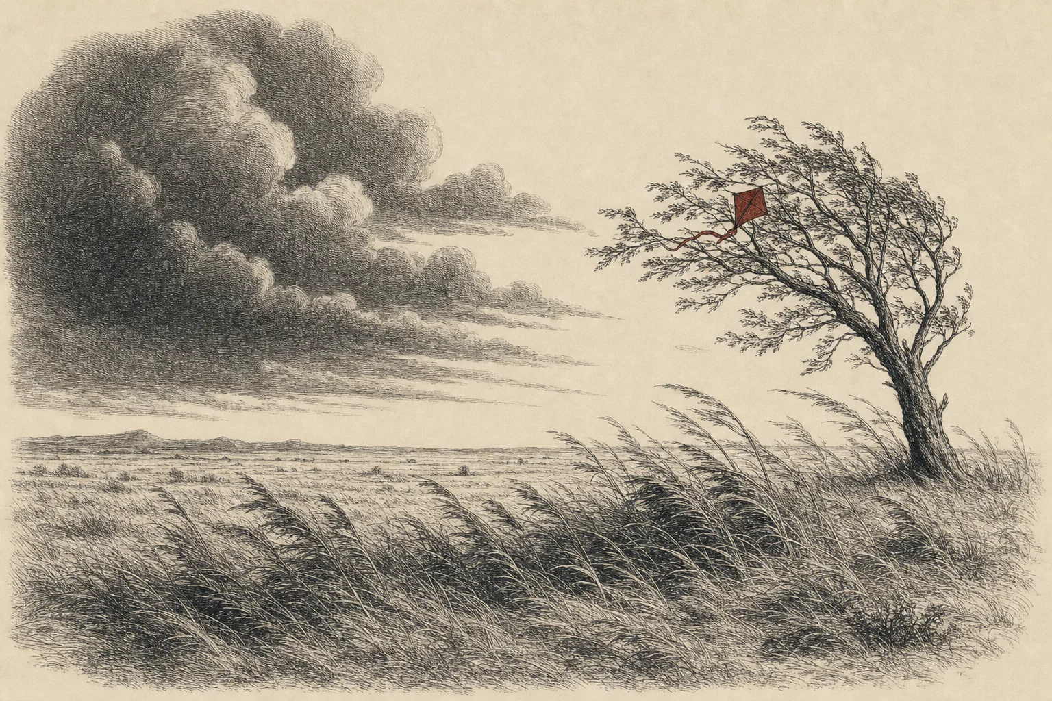Une plaine sous d'épais nuages poussés par le vent, un arbre courbé, et pas de pluie