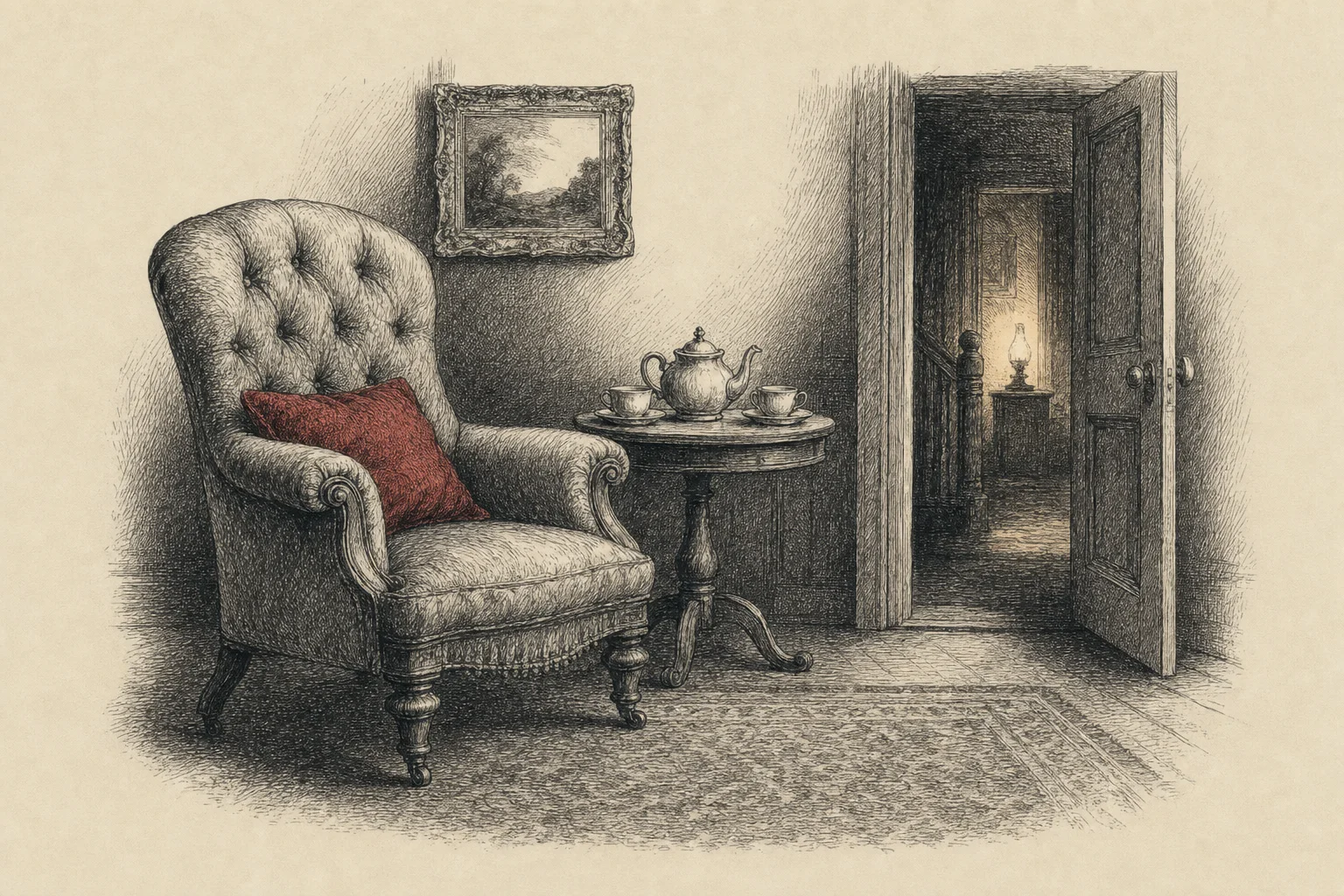 Un salon le soir, une théière et deux tasses sur une petite table, une porte entrouverte sur un couloir