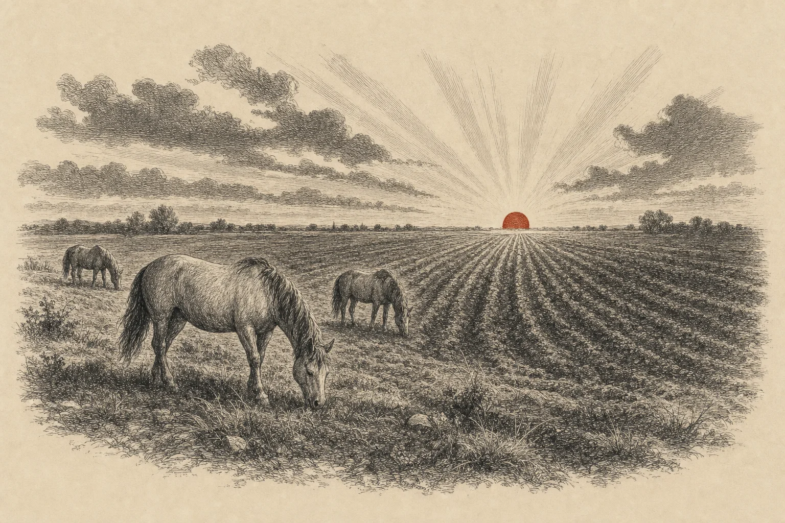 Le soleil se lève sur une plaine labourée, quelques chevaux paissent au premier plan