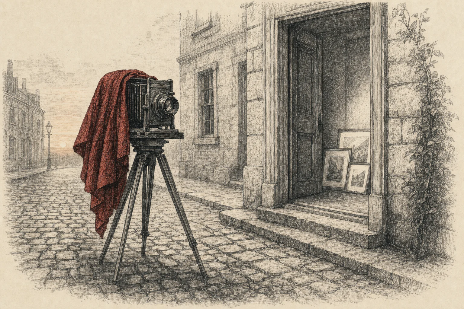 Un appareil photographique ancien sur trépied dans une rue pavée, des tirages encadrés dans une galerie ouverte