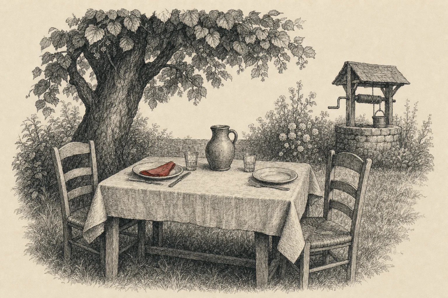 Une table de jardin dressée pour un repas simple sous un tilleul, une cruche d'eau, un puits au fond