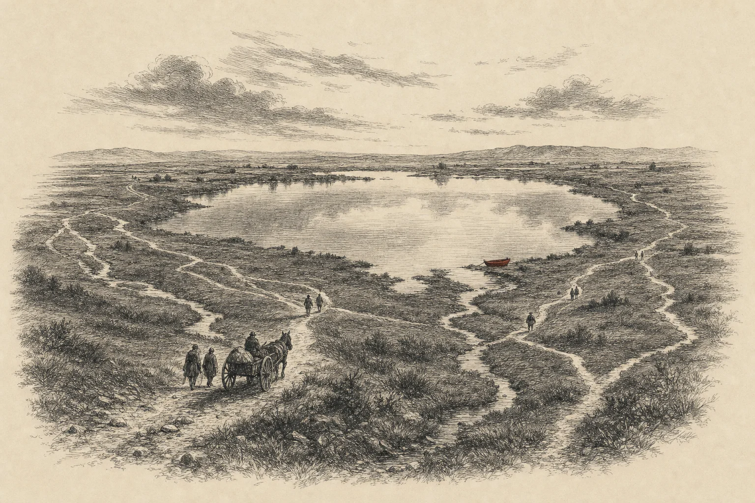 Un lac calme au milieu d'une plaine, des ruisseaux et des chemins qui convergent vers ses rives