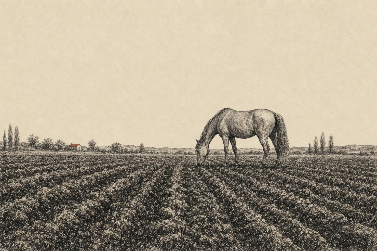 Un vaste champ labouré s'étend jusqu'à l'horizon, une jument broute paisiblement au milieu des sillons.