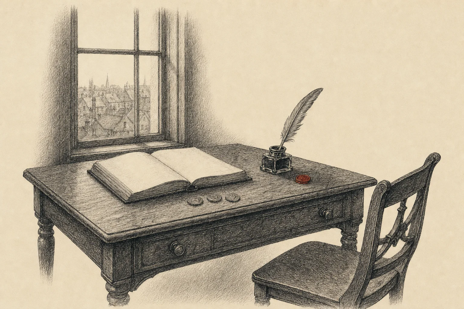 Un bureau ancien près d'une fenêtre, avec un registre ouvert, une plume et trois pièces alignées sur le bois.
