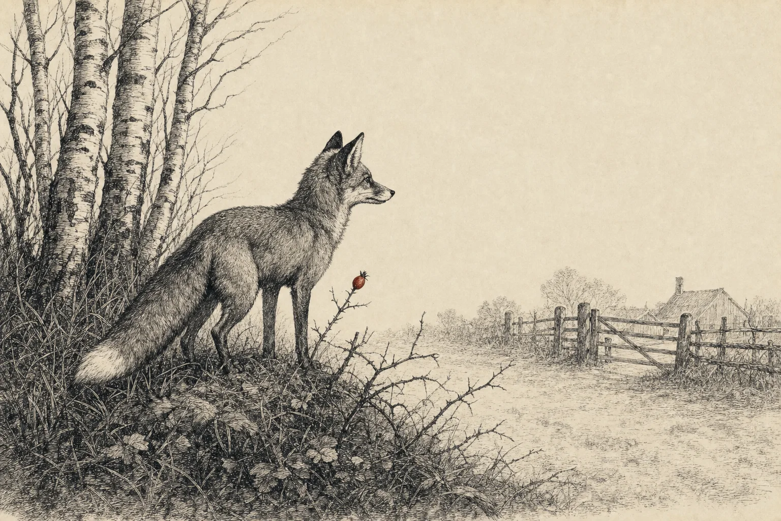 Un renard aux aguets à la lisière d'un bois, face à la clôture d'une ferme