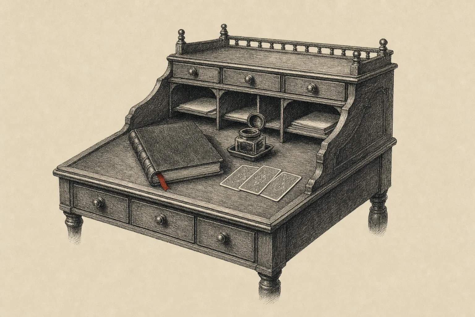 Un pupitre de bureau ancien avec un registre fermé, un encrier et trois cartes retournées
