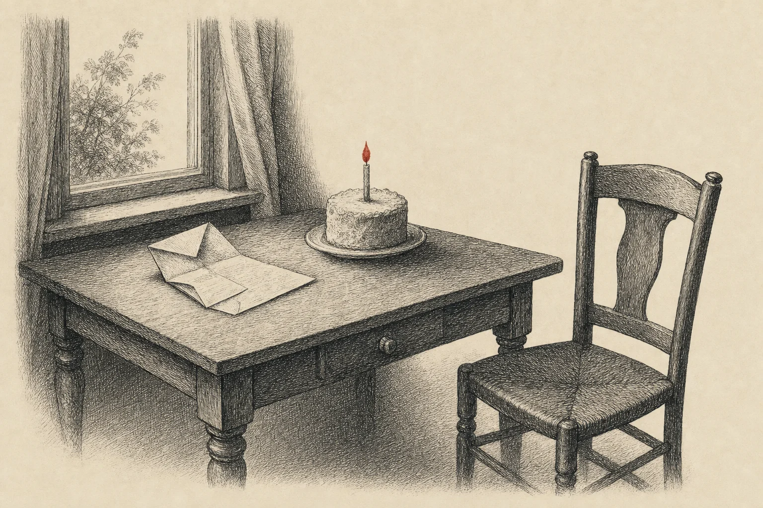 Une lettre ouverte près d'un petit gâteau d'anniversaire et d'une bougie allumée, une chaise vide à côté