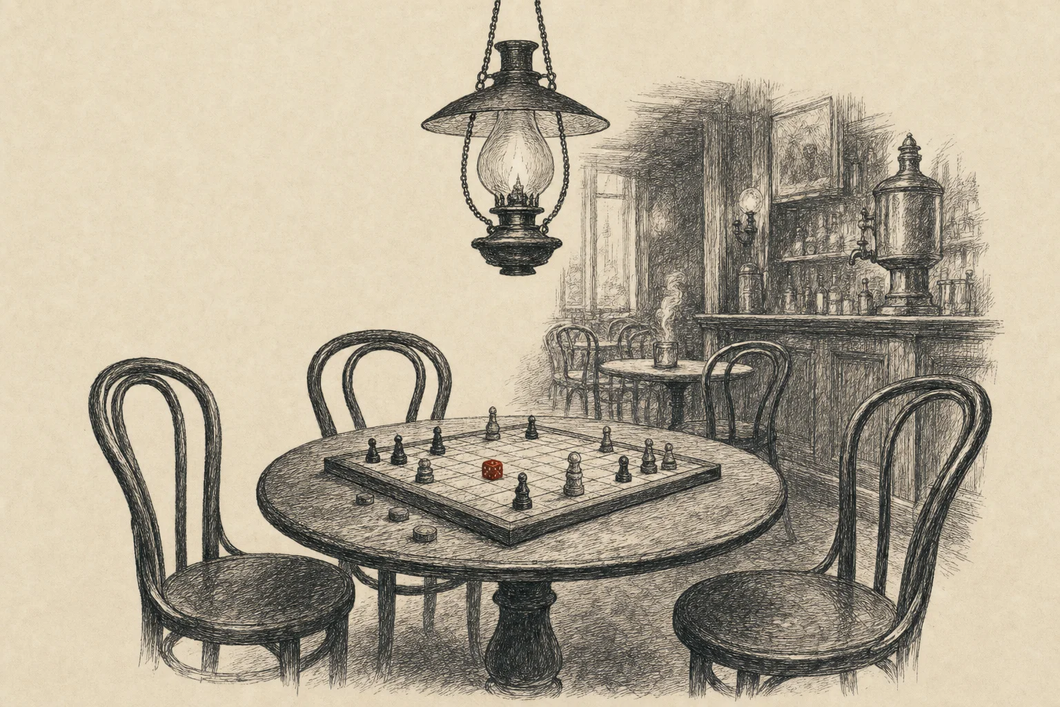 Une table ronde de café, un jeu de plateau installé avec des dés et des pions, des chaises rapprochées sous une lampe