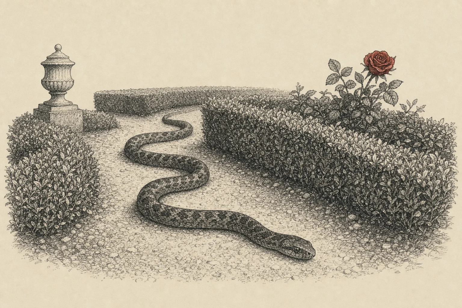 Un serpent qui ondule sur une allée de gravier entre deux haies basses