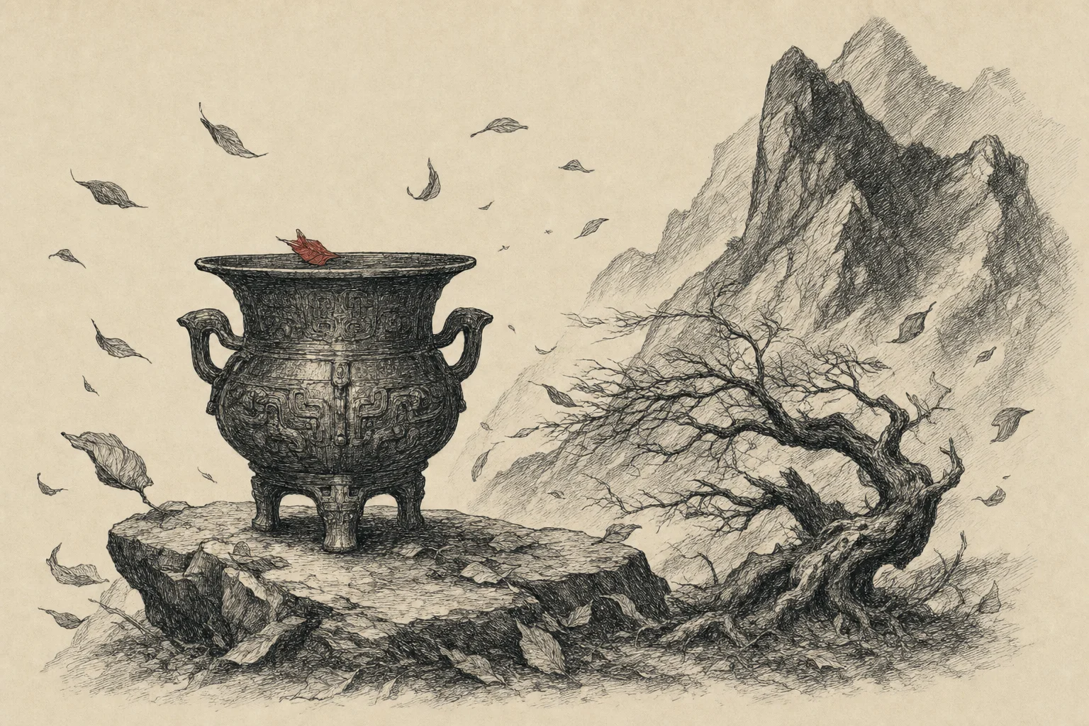 Un vieux vase de bronze posé sur un rocher au pied d'une montagne, des feuilles mortes soulevées par le vent