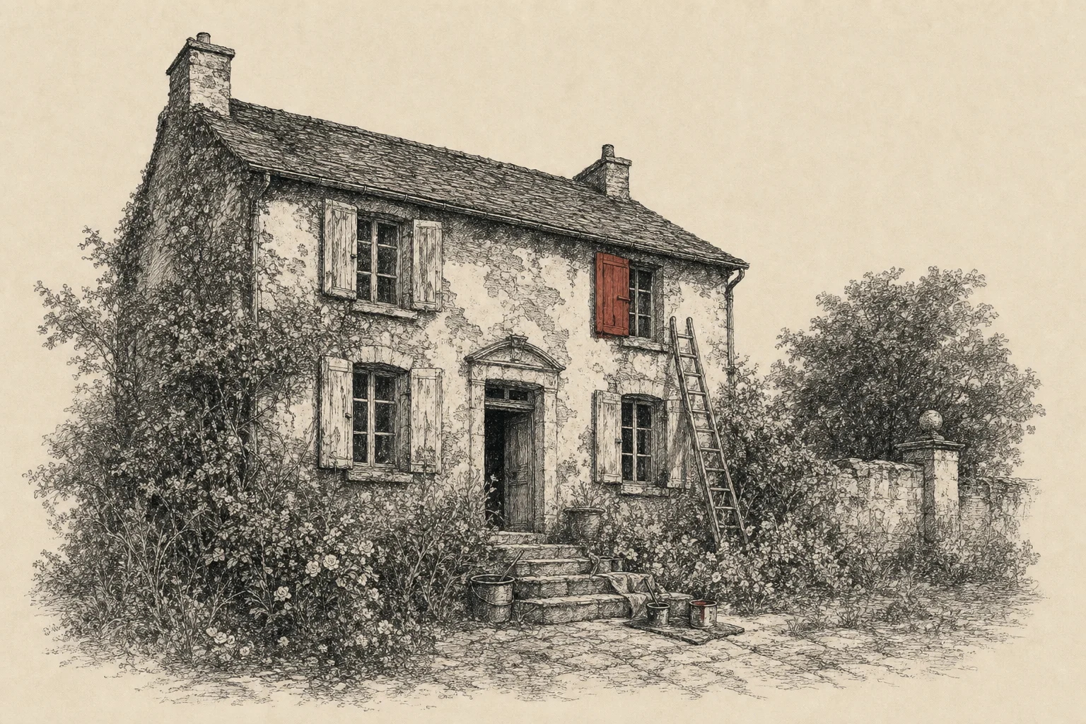 Une vieille maison de famille aux volets écaillés, une échelle contre le mur et des pots de peinture sur les marches