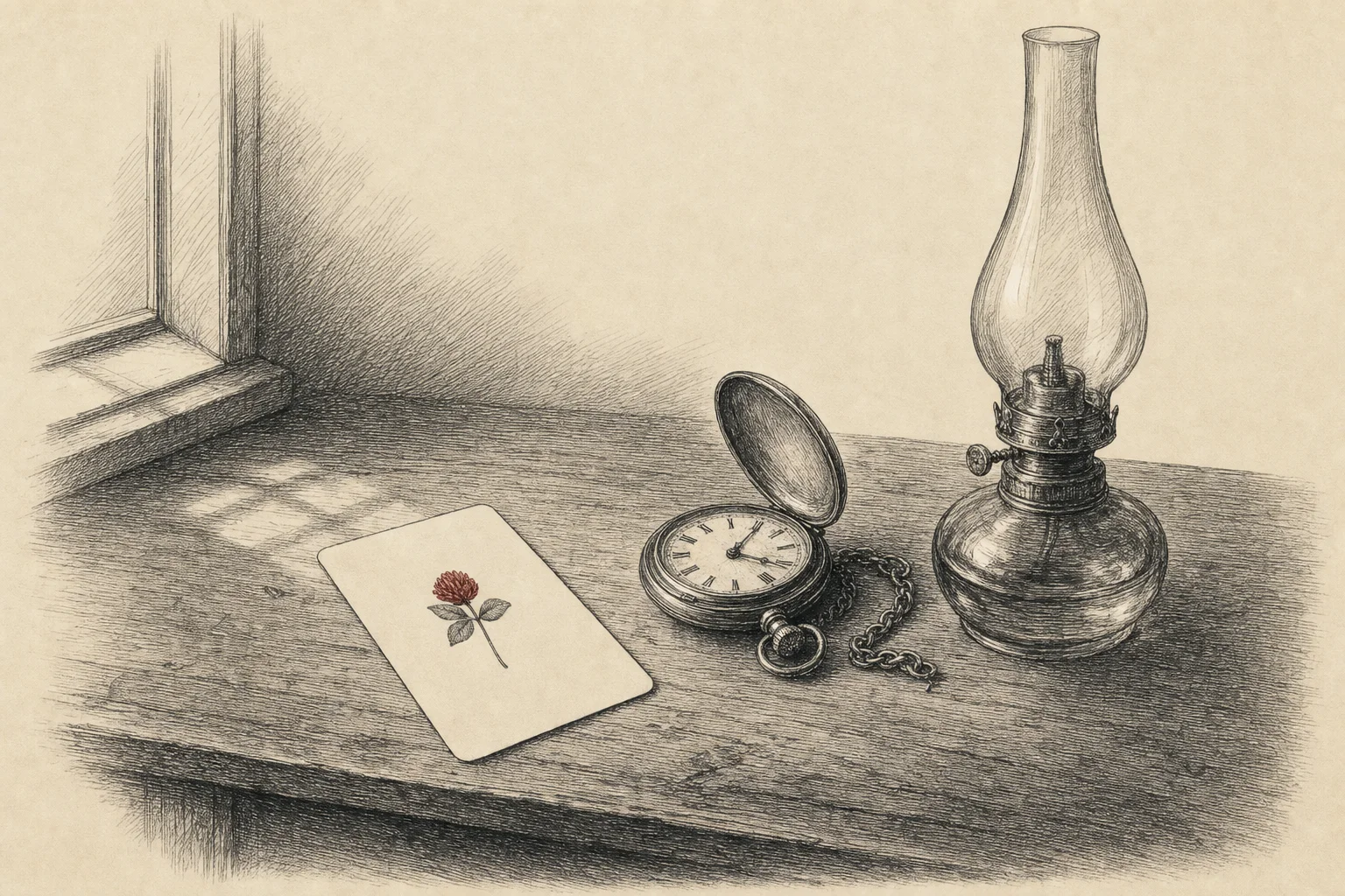 Une carte montrant un brin de trèfle, posée sur une table d'écritoire ancienne à côté d'une montre de poche ouverte.