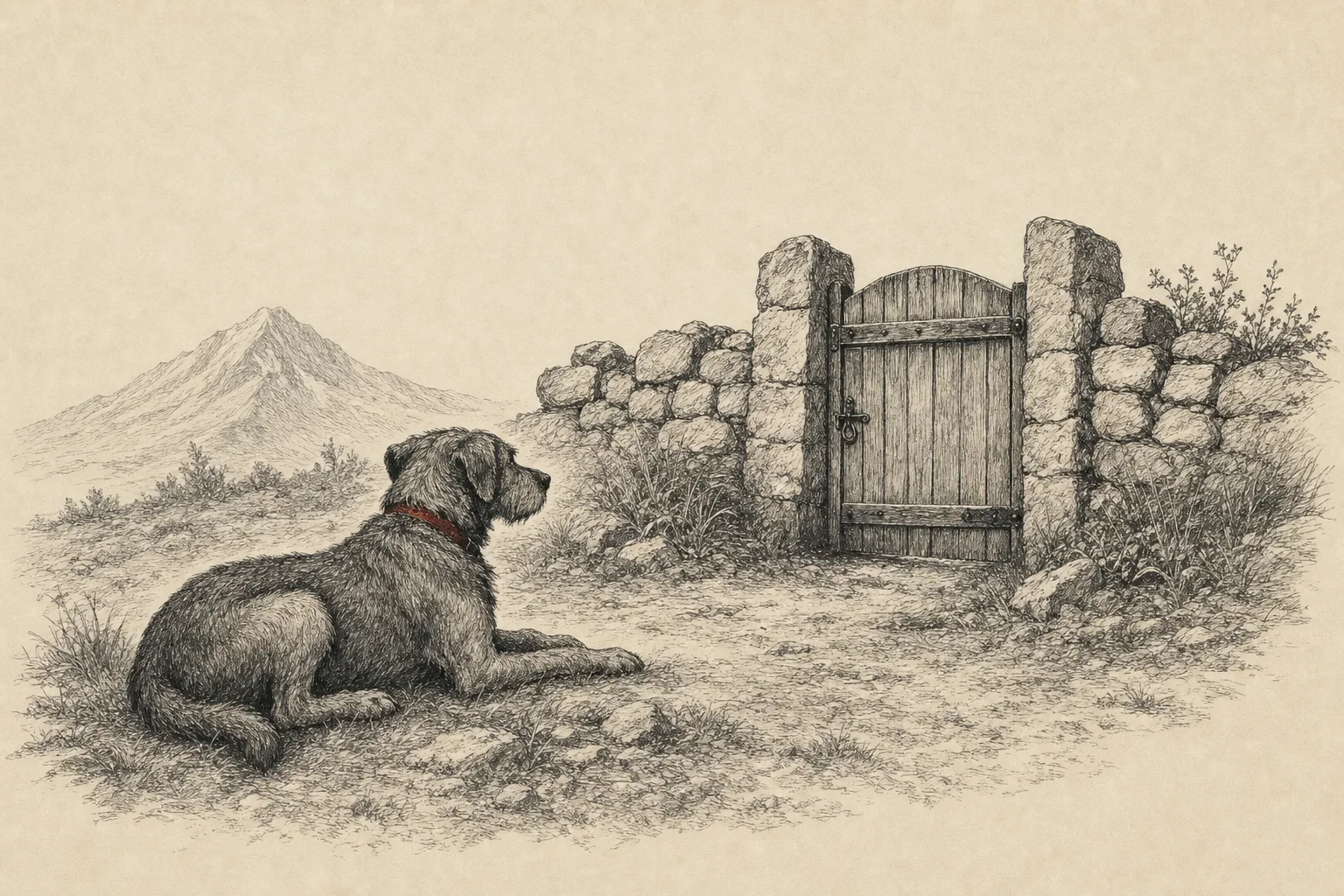 Un chien couché devant un portail de bois fermé, une montagne au loin