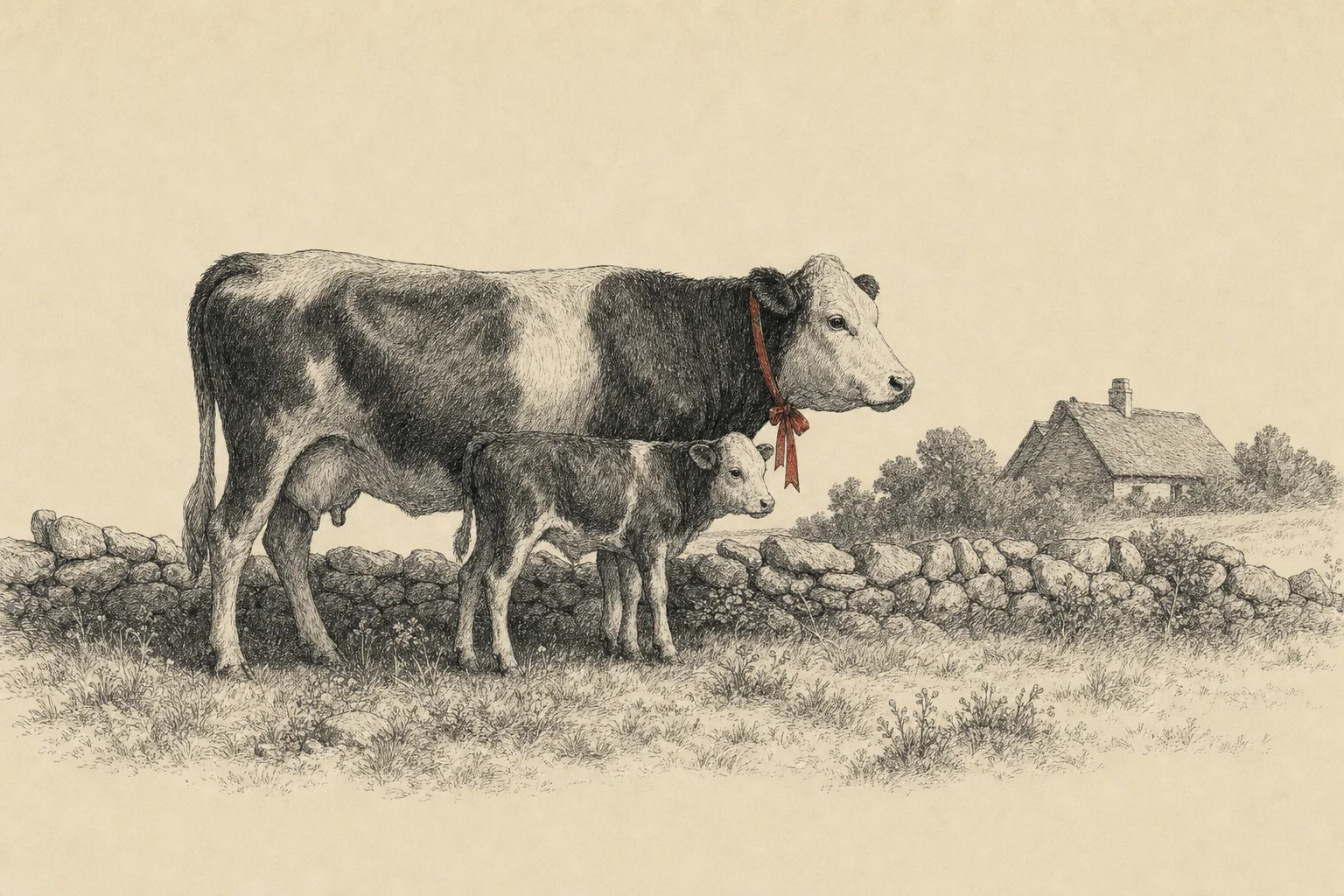 Une vache et son veau dans un pré, près d'un muret de pierres sèches