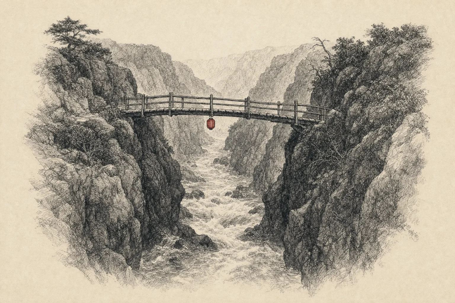 Une rivière au fond d'une gorge rocheuse, enjambée par une passerelle de bois