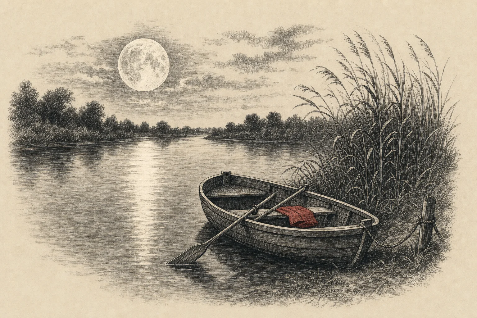 La pleine lune au-dessus d'une rivière calme, une barque amarrée près des roseaux