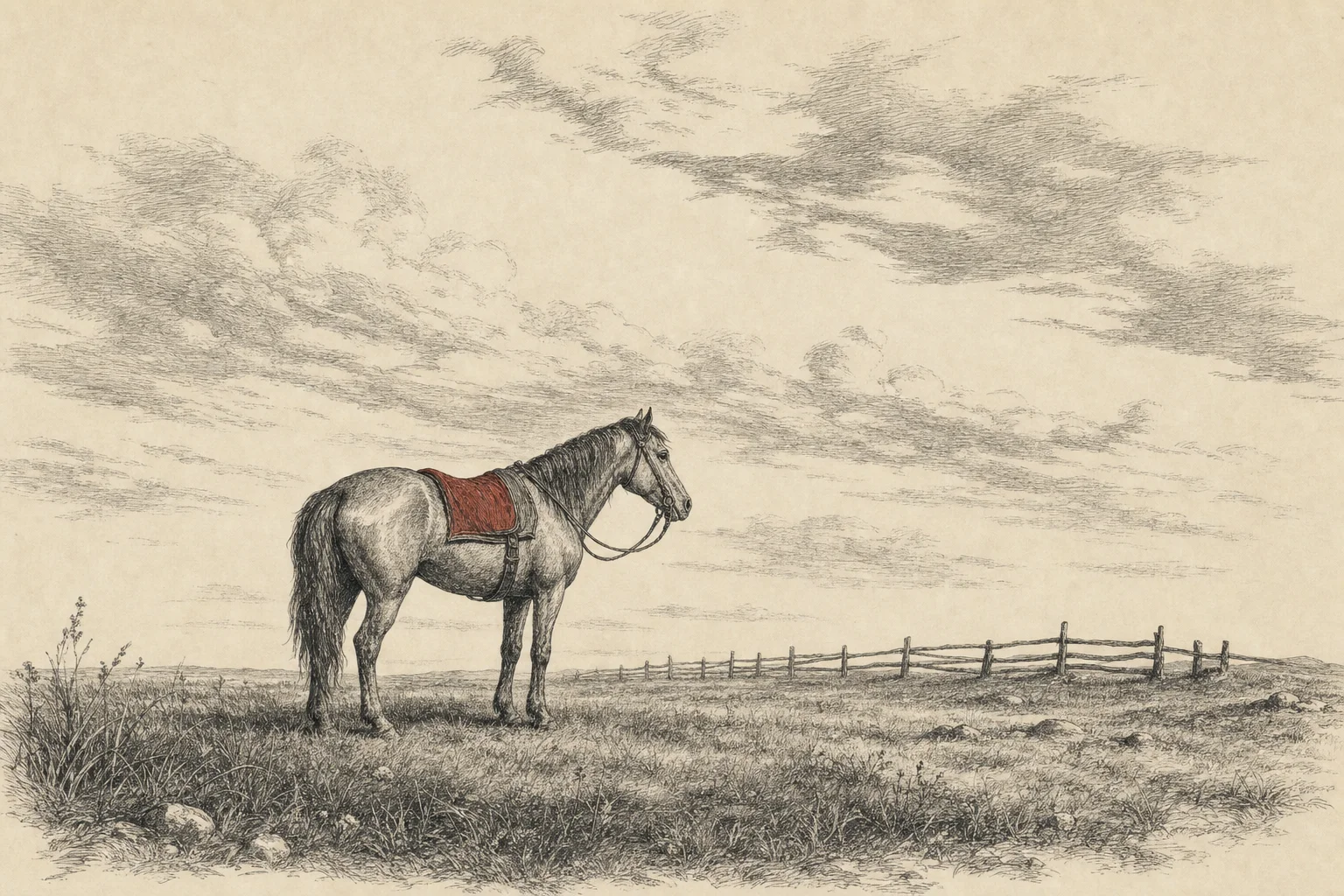 Un cheval seul dans une prairie, sous un ciel immense